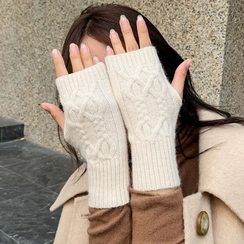 Knitted Fingerless Winter Gloves Soft Warm Woolen Arm Flexible Hand Gloves Wrist Warmer for Women Crochet Twist Pattern Mittens