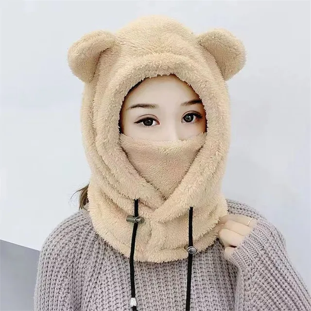 Winter Cute Cartoon Plush Bear Ears Hats Balaclava Warm Bear Baby Hooded Hat Ear Protection Cap Windproof Thick Warm Neck Cover