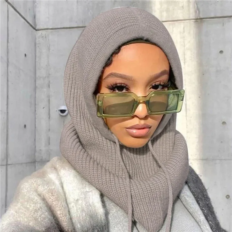 New Women Hooded Scarf Pullover Hat Winter Solid Color Knitted Pullover Drawstring Balaclava Hat Winter Warm Beanie Gothic Hats