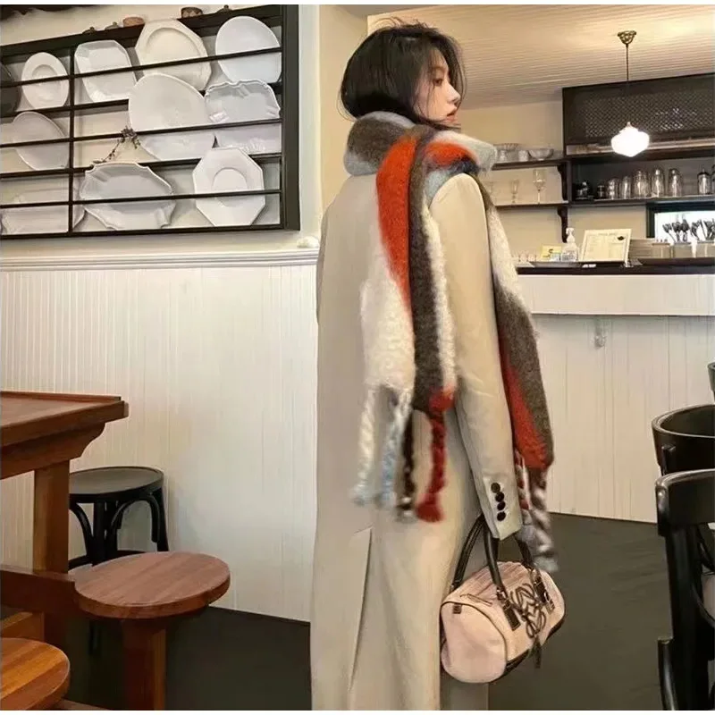 Long Gradient Mohair Printed Tassel Scarf Women Thick Cashmere Warm Poncho Shawls Wraps Blanket Winter Autumn Accessories