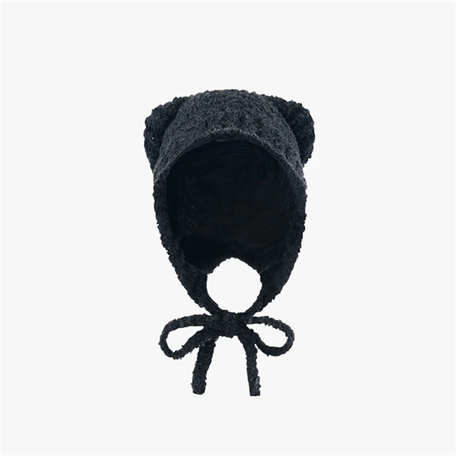 Cute Bear Ear Wool Hat Winter Women Warm Lace-Up Ear Protection Beanie Hat Thermal Bomber Cap Korean Versatile Skullies Hats