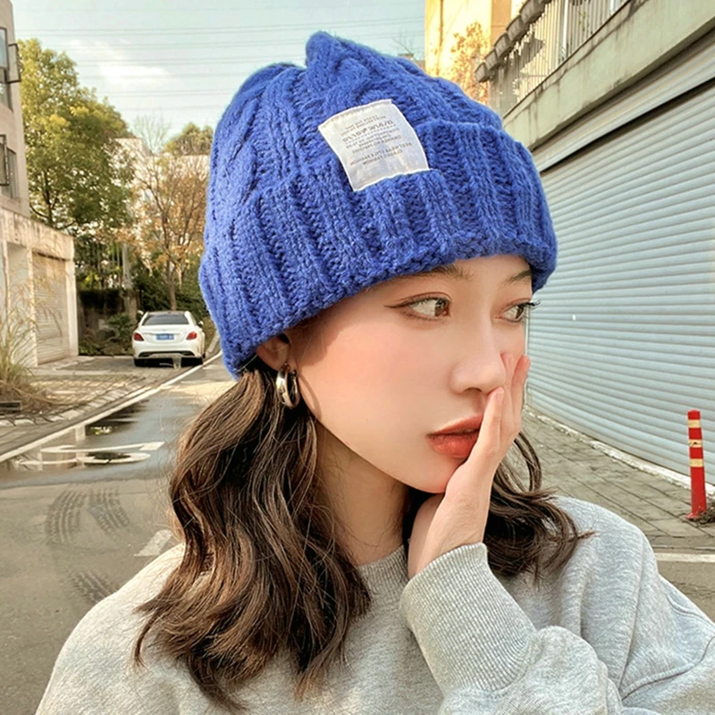 Winter Knitted Hat For Women Solid Color Warm Knitted Beanies Hat Fashion Coarse Woolen Knitted Hat Outdoor Warm Crochet Bonnets