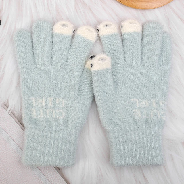 Women Cute Panda Fingertip Winter Fluffy gloves Warm Knitted Fingerless Gloves Wool Touchscreen Phone Girls Full Finger Mittens