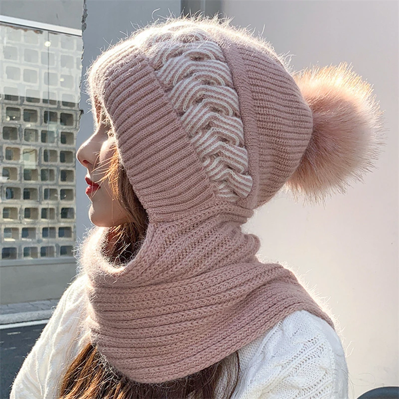 New Winter Thick Warm Fleece Hat Scarf Women Lined Beanies Scarf Set Rabbit Hair Blend Knitted Hat Scarf Outdoor Ski Bonnet Hats