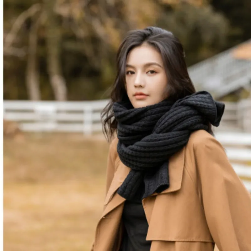 New Solid Knitted Thermal Windproof Scarf Women Men Girl Couple 2023 Winter Thick Warm Vintage Female Shawl Fashion Scarves