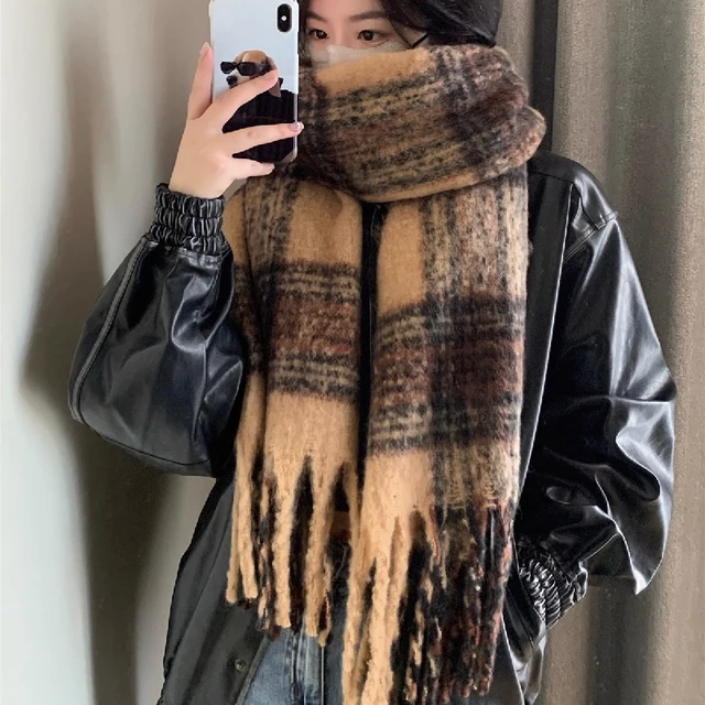 2023 Winter Cashmere Thick Plaid Scarf Women Men Luxury Long Soft Warm Neck Thick Solid Color Shawls Autumn Outdoor Gifts