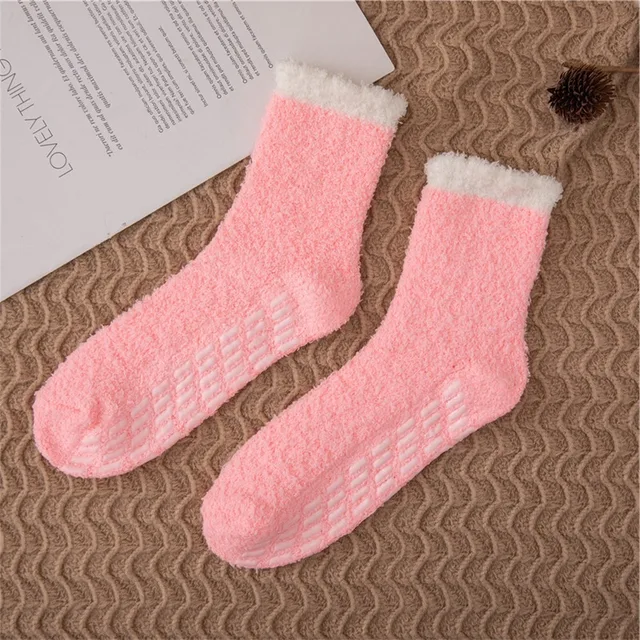 1 Pair Women's Fuzzy Socks with Non-Slip Grips Super Soft Woman Man Cold Protection Winter Warm Cozy Plush Slipper Socks