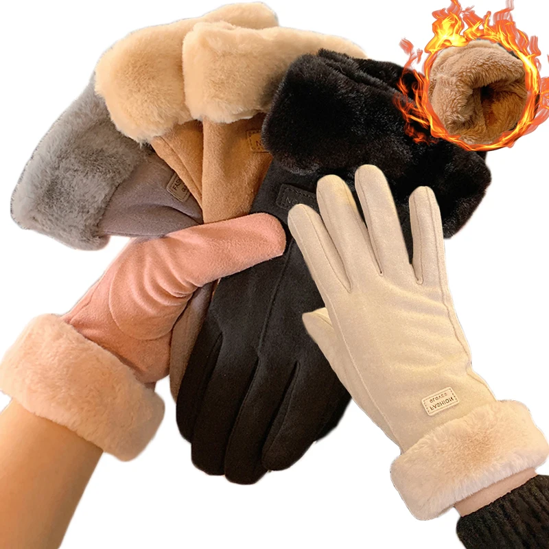 Winter Suede Leather Gloves Women Full Finger Female Warm Plus Velvet Thicken Cahsmere Elastic Windproof Touchscreen Gloves