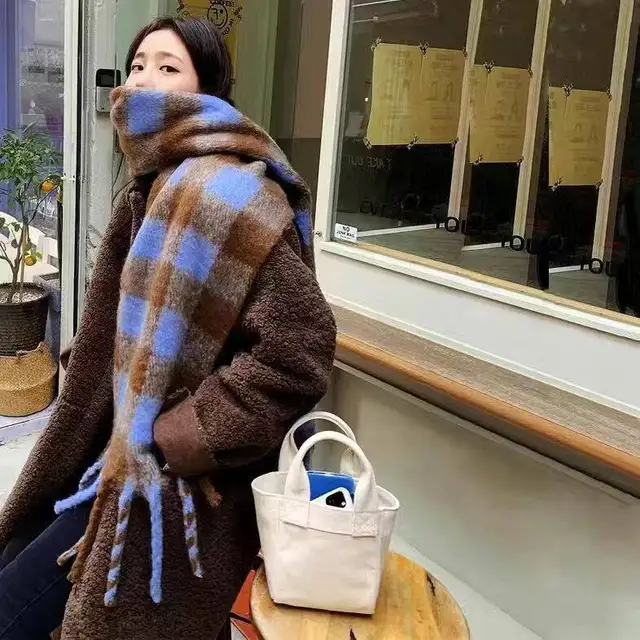 Winter Warm Plaid Fringe Scarf Women Vintage Thicken Color Shawl Couple Ins Korean Velvet Brand Scarves Autumn Outdoor