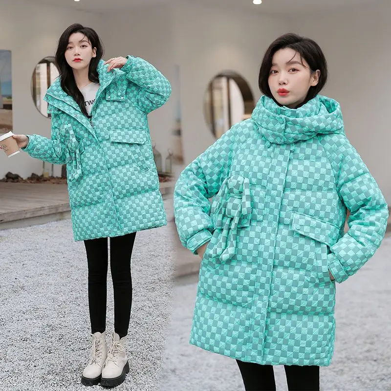 Winter Warm Clothes for Women Long Hooded Down Jacket White Duck Down Chessboard Grid Mid Length Korea Winter Women's Cold Coat