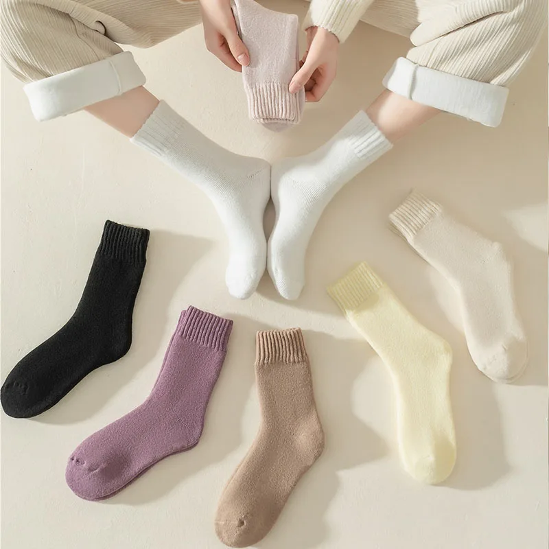 3 Pairs Women Socks Wool Autumn Winter Warm Snow Markron Color Thick Plush Hairy Soft Postpartum Stockings Floor Sleep Socks