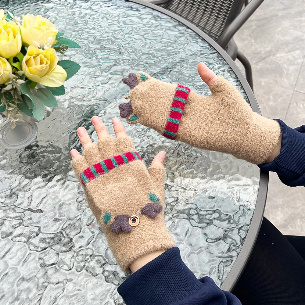 Cute Xmas Elk Half Finger Gloves Girls Winter Warm Thick Knitted Wool Gloves Flip Fingerless Exposed Finger Mittens Glove Women