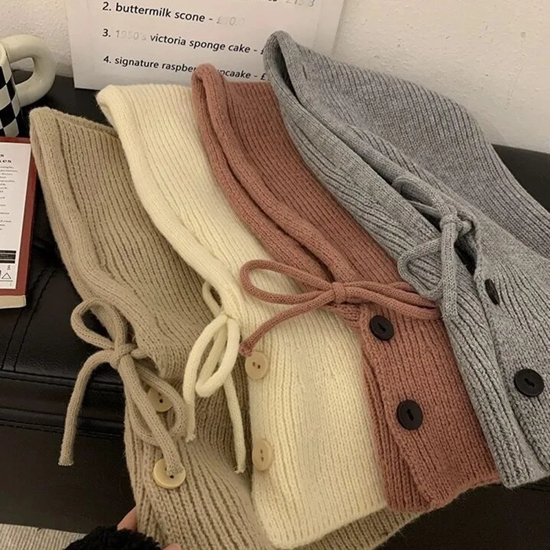 Winter Balaclava Hats For Women Knitted Hooded Caps Solid Color Outdoor Warmer Drawstring Hat One-Piece Neck Collar Beanies Caps