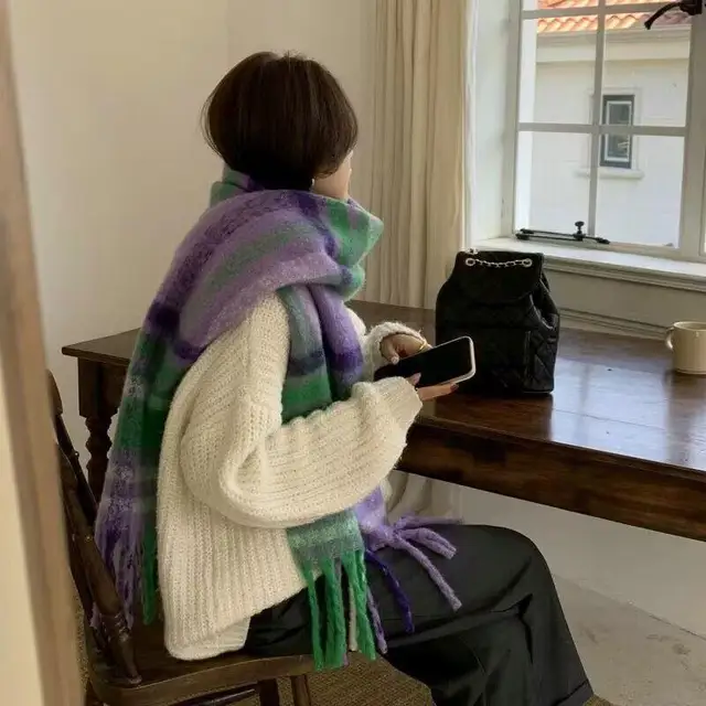 Winter Warm Plaid Fringe Scarf Women Vintage Thicken Color Shawl Couple Ins Korean Velvet Brand Scarves Autumn Outdoor