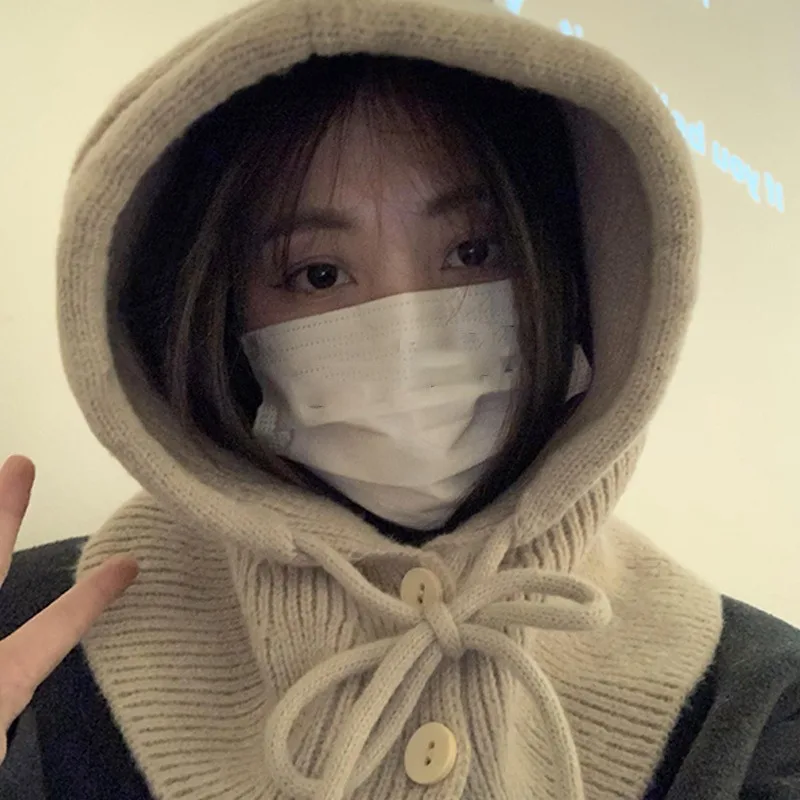 Winter Balaclava Hats For Women Knitted Hooded Caps Solid Color Outdoor Warmer Drawstring Hat One-Piece Neck Collar Beanies Caps