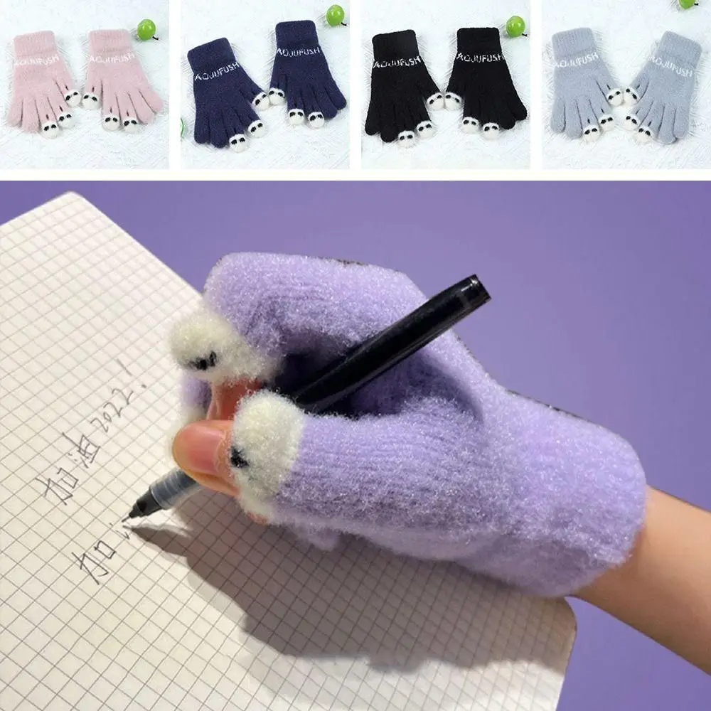 Women Cute Panda Fingertip Winter Fluffy gloves Warm Knitted Fingerless Gloves Wool Touchscreen Phone Girls Full Finger Mittens