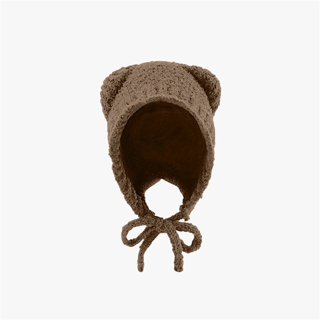 Cute Bear Ear Wool Hat Winter Women Warm Lace-Up Ear Protection Beanie Hat Thermal Bomber Cap Korean Versatile Skullies Hats