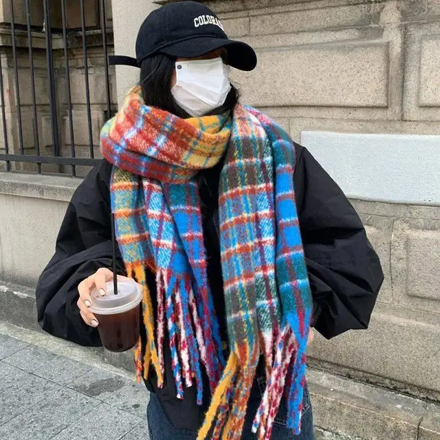Winter Warm Plaid Fringe Scarf Women Vintage Thicken Color Shawl Couple Ins Korean Velvet Brand Scarves Autumn Outdoor