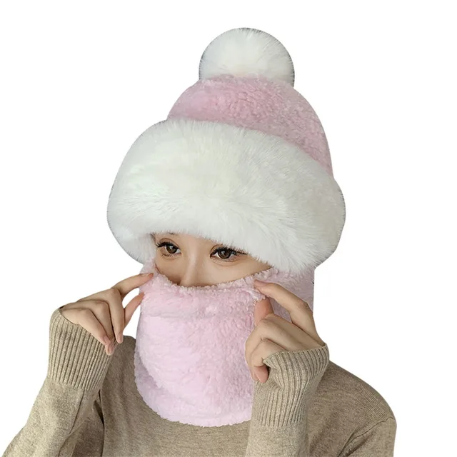 Winter Scarf Set Hooded For Women Plush Neck Warm Outdoor Ski Windproof Hat Thick Scarf Collar Plush Fluffy Beanies Cycling Cap
