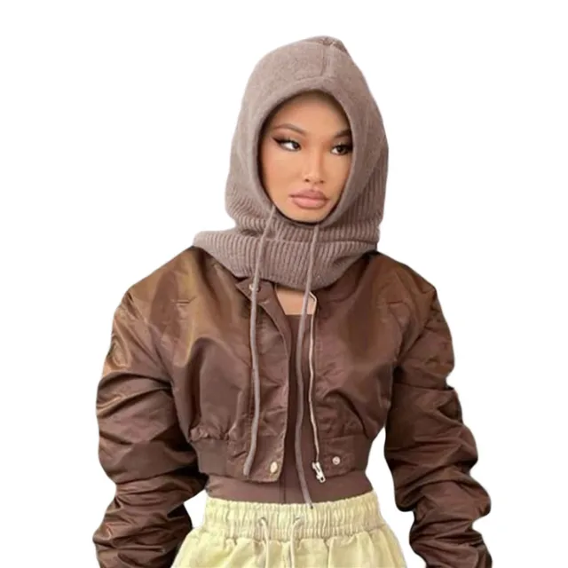 New Women Hooded Scarf Pullover Hat Winter Solid Color Knitted Pullover Drawstring Balaclava Hat Winter Warm Beanie Gothic Hats