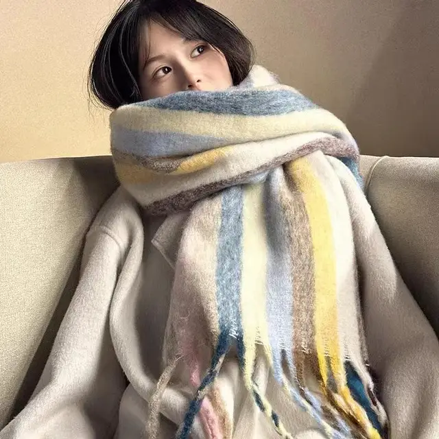 2023 Winter Cashmere Thick Plaid Scarf Women Men Luxury Long Soft Warm Neck Thick Solid Color Shawls Autumn Outdoor Gifts