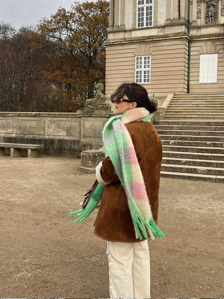 2023 Autumn Winter Fringe Panelled Plaid Scarf For Women Fashion Warm Coldproof Cashmere Scarves High Street Casual Female Shawl