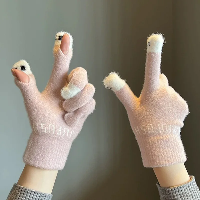 Women Cute Panda Fingertip Winter Fluffy gloves Warm Knitted Fingerless Gloves Wool Touchscreen Phone Girls Full Finger Mittens