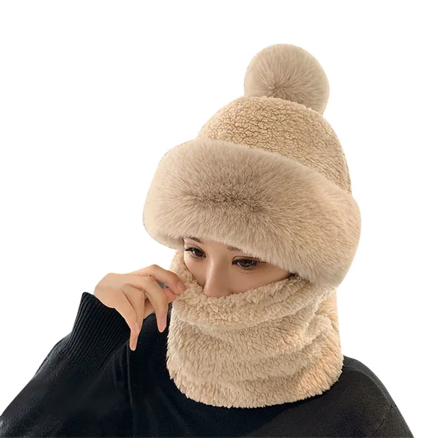 Winter Scarf Set Hooded For Women Plush Neck Warm Outdoor Ski Windproof Hat Thick Scarf Collar Plush Fluffy Beanies Cycling Cap