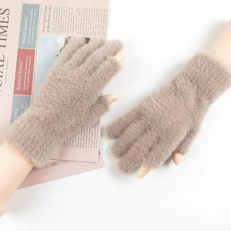 Soft Fluffy Winter Touchscreen Gloves Women Girls Imitate Rabbit Fur Plush Warm Fingerless Mink Fleece Index Half Finger Mittens