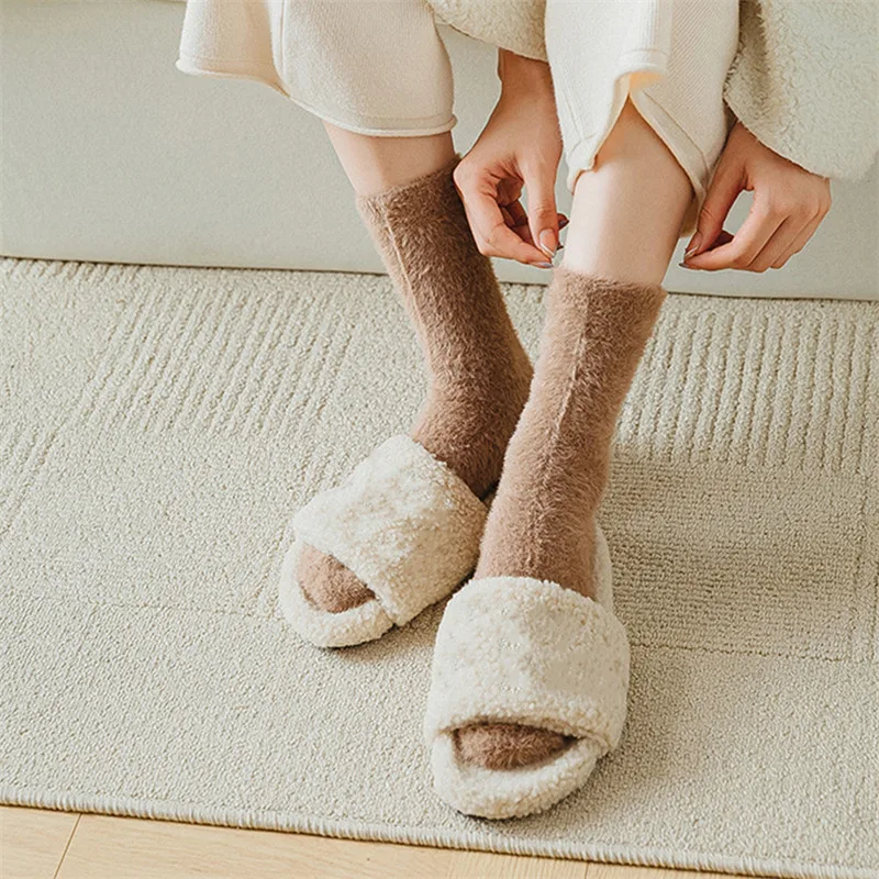Women Solid Cozy Mink Velvet Socks Autumn Winter Hosiery Thicken Warm Pure Color Sleep Bed Floor Home Fluffy Sock Harajuku