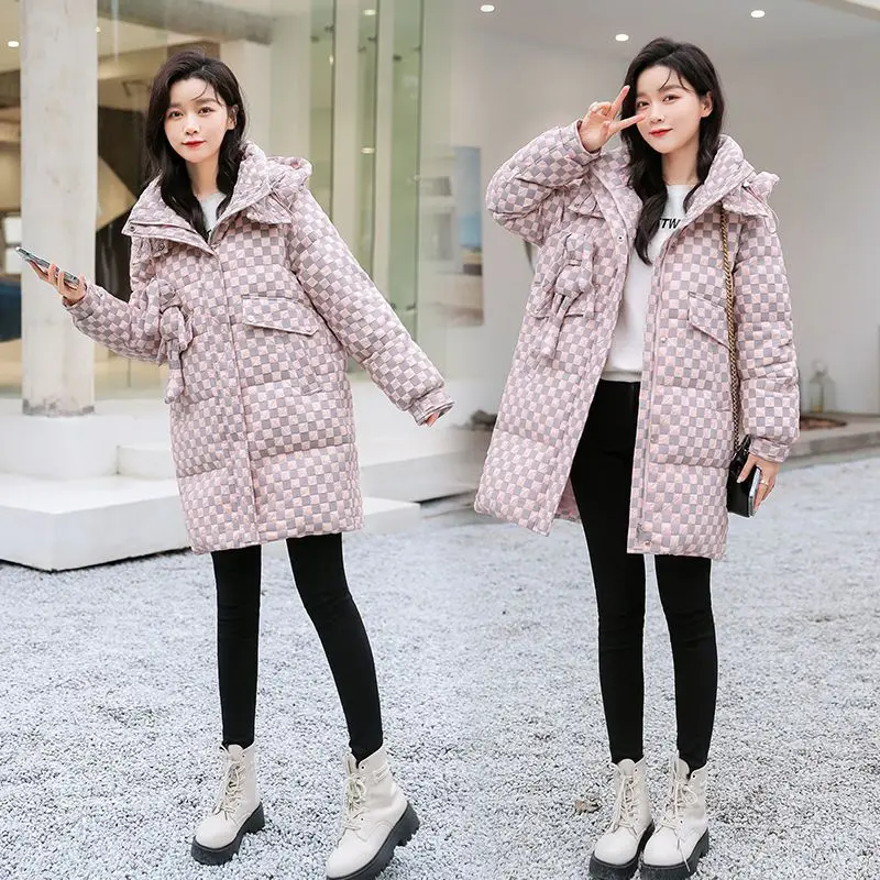 Winter Warm Clothes for Women Long Hooded Down Jacket White Duck Down Chessboard Grid Mid Length Korea Winter Women's Cold Coat