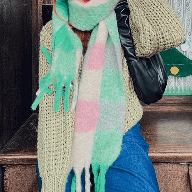 2023 Autumn Winter Fringe Panelled Plaid Scarf For Women Fashion Warm Coldproof Cashmere Scarves High Street Casual Female Shawl