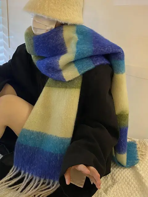 Winter Warm Plaid Fringe Scarf Women Vintage Thicken Color Shawl Couple Ins Korean Velvet Brand Scarves Autumn Outdoor