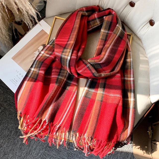Korean Autumn Thick Plaid Scarf Women Men Fashion Long Warm Neck Cashmere Shawls Winter Tassel Neckerchief Outdoor Gifts