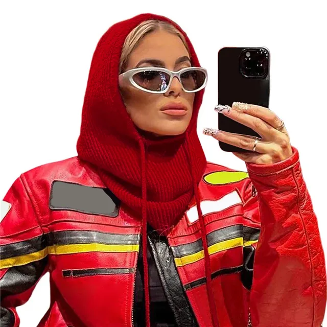 New Women Hooded Scarf Pullover Hat Winter Solid Color Knitted Pullover Drawstring Balaclava Hat Winter Warm Beanie Gothic Hats