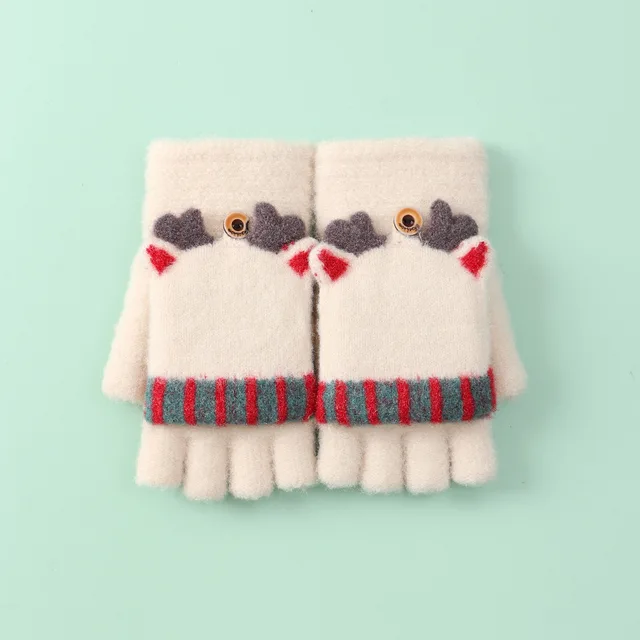 Cute Xmas Elk Half Finger Gloves Girls Winter Warm Thick Knitted Wool Gloves Flip Fingerless Exposed Finger Mittens Glove Women