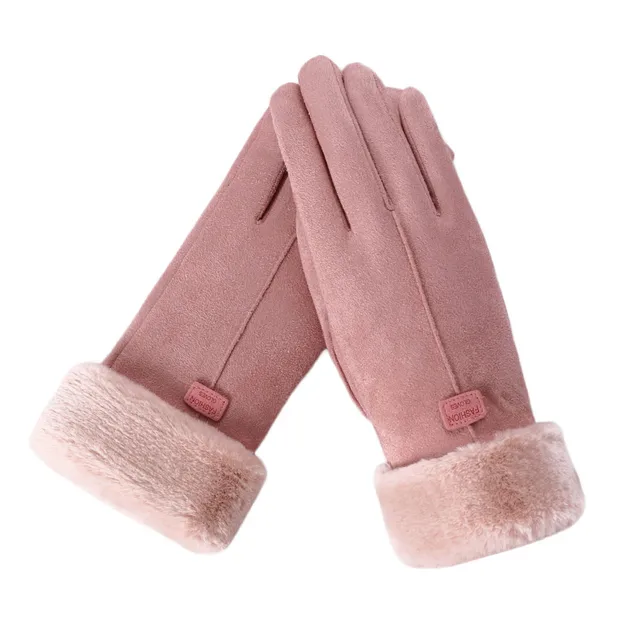 Winter Suede Leather Gloves Women Full Finger Female Warm Plus Velvet Thicken Cahsmere Elastic Windproof Touchscreen Gloves