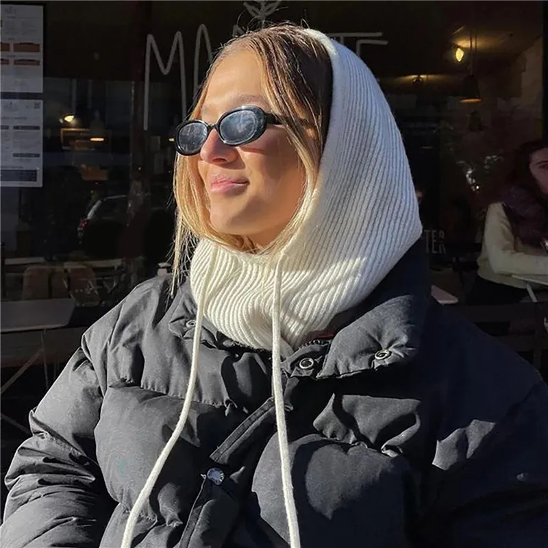 New Women Hooded Scarf Pullover Hat Winter Solid Color Knitted Pullover Drawstring Balaclava Hat Winter Warm Beanie Gothic Hats