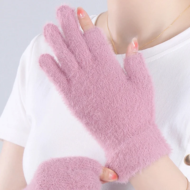 Soft Fluffy Winter Touchscreen Gloves Women Girls Imitate Rabbit Fur Plush Warm Fingerless Mink Fleece Index Half Finger Mittens