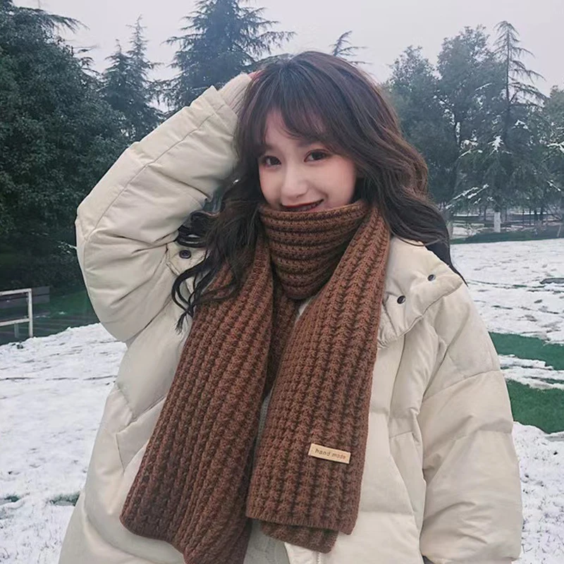 New Solid Knitted Thermal Windproof Scarf Women Men Girl Couple 2023 Winter Thick Warm Vintage Female Shawl Fashion Scarves