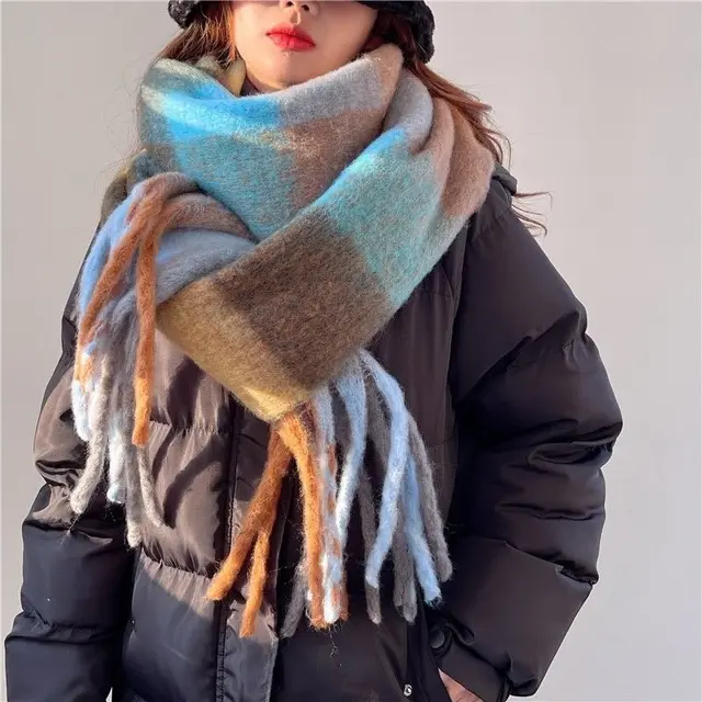 Winter Warm Plaid Fringe Scarf Women Vintage Thicken Color Shawl Couple Ins Korean Velvet Brand Scarves Autumn Outdoor