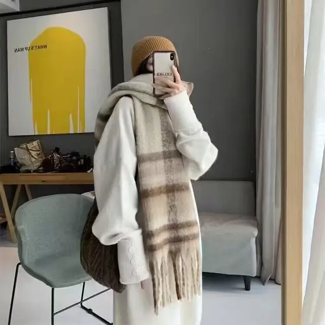 Winter Warm Plaid Fringe Scarf Women Vintage Thicken Color Shawl Couple Ins Korean Velvet Brand Scarves Autumn Outdoor