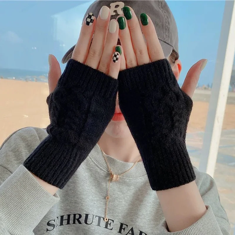 Knitted Fingerless Winter Gloves Soft Warm Woolen Arm Flexible Hand Gloves Wrist Warmer for Women Crochet Twist Pattern Mittens
