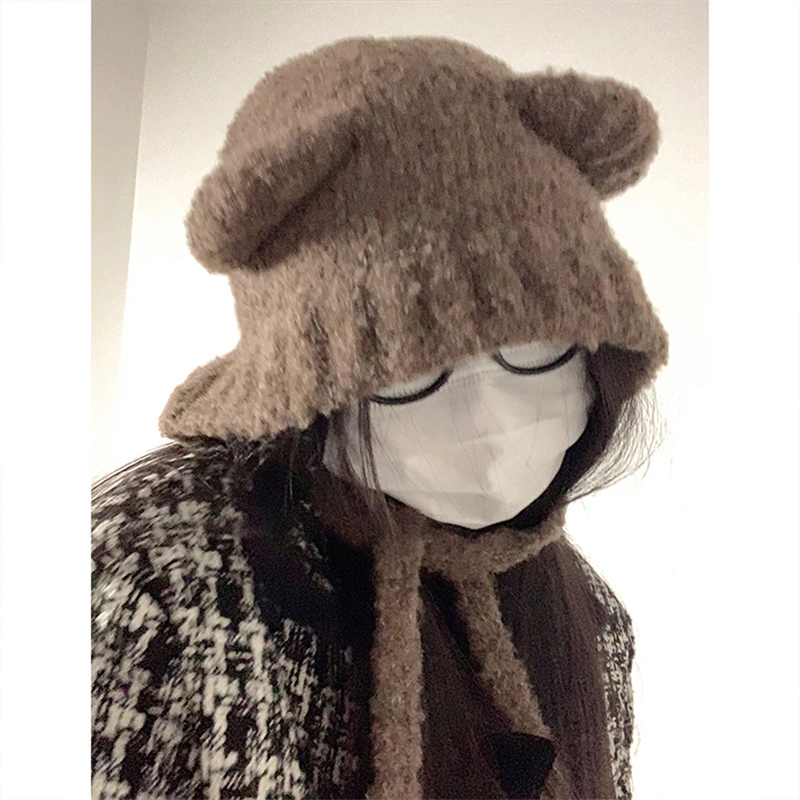 Cute Bear Ear Wool Hat Winter Women Warm Lace-Up Ear Protection Beanie Hat Thermal Bomber Cap Korean Versatile Skullies Hats