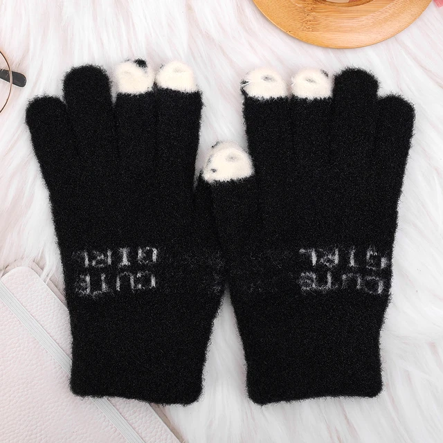 Women Cute Panda Fingertip Winter Fluffy gloves Warm Knitted Fingerless Gloves Wool Touchscreen Phone Girls Full Finger Mittens