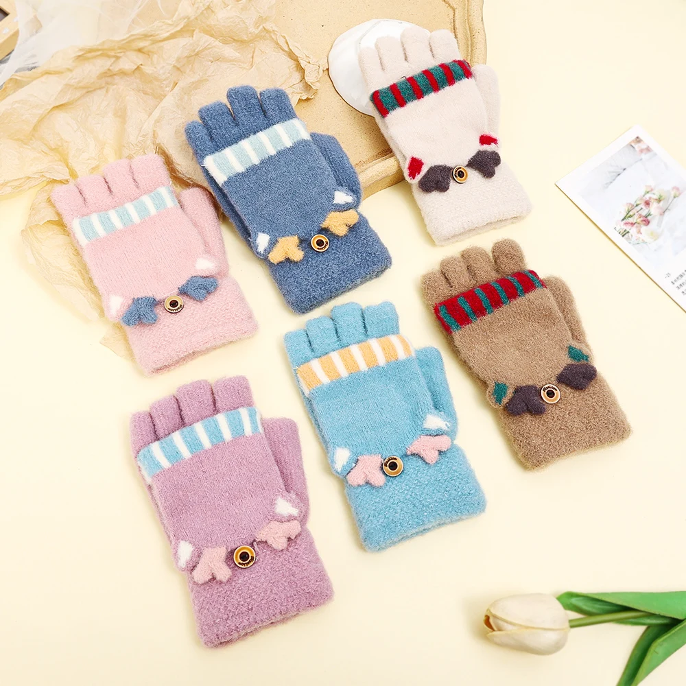 Cute Xmas Elk Half Finger Gloves Girls Winter Warm Thick Knitted Wool Gloves Flip Fingerless Exposed Finger Mittens Glove Women
