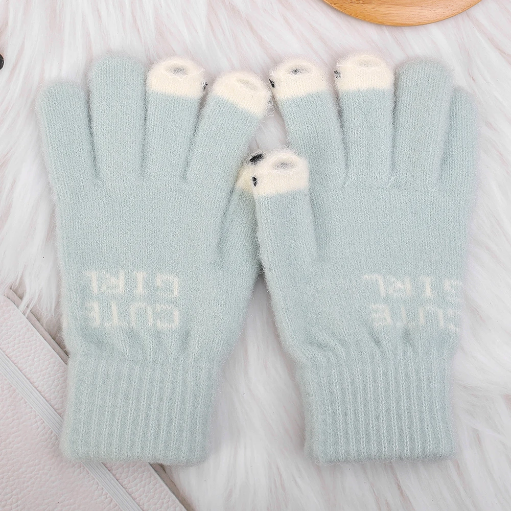 Women Cute Panda Fingertip Winter Fluffy gloves Warm Knitted Fingerless Gloves Wool Touchscreen Phone Girls Full Finger Mittens