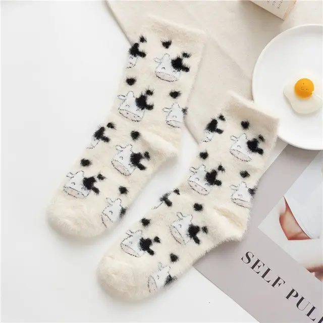 Cow Print Mink Plush Socks For Women Girl Mid Tube Stockings Warm Coral Velvet Sleep Floor Sock Winter Thermal Slipper Funny Sox
