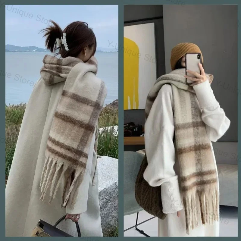 Winter Warm Plaid Fringe Scarf Women Vintage Thicken Color Shawl Couple Ins Korean Velvet Brand Scarves Autumn Outdoor