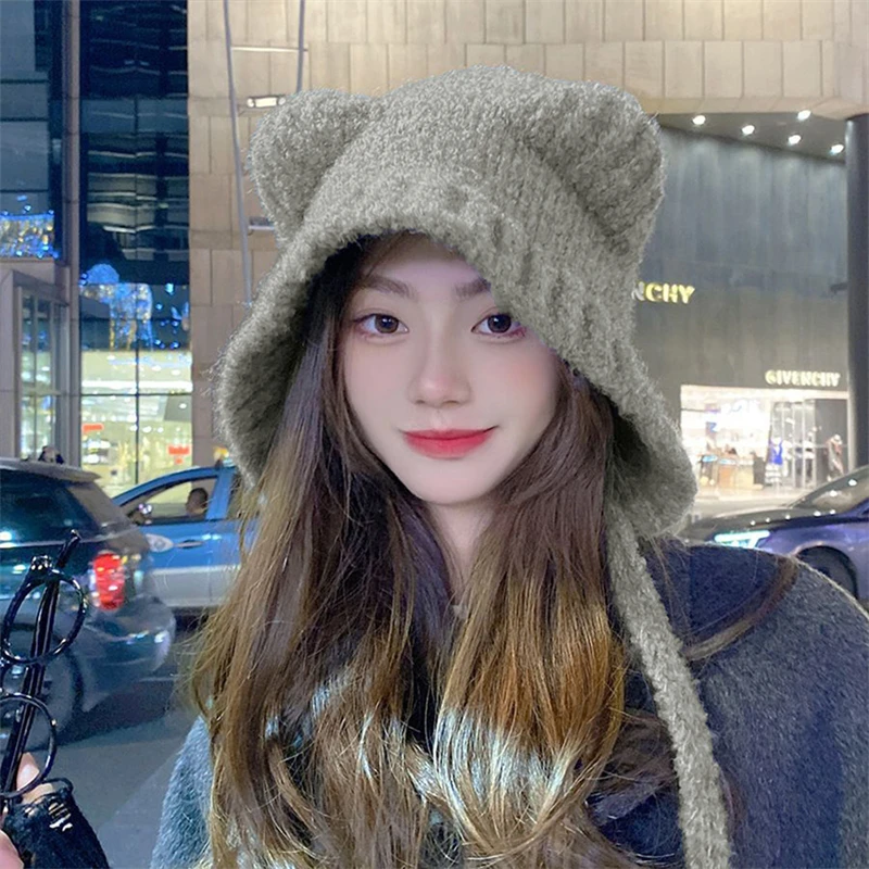 Cute Bear Ear Wool Hat Winter Women Warm Lace-Up Ear Protection Beanie Hat Thermal Bomber Cap Korean Versatile Skullies Hats